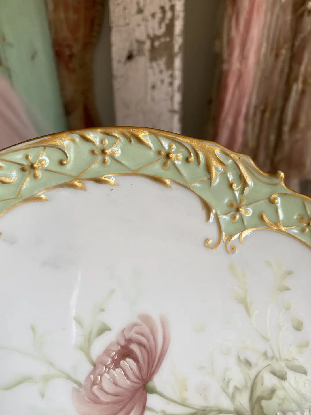 Antique Limoges 5pc Shell Plates Pastel Flowers Gilt SIGNED 1894