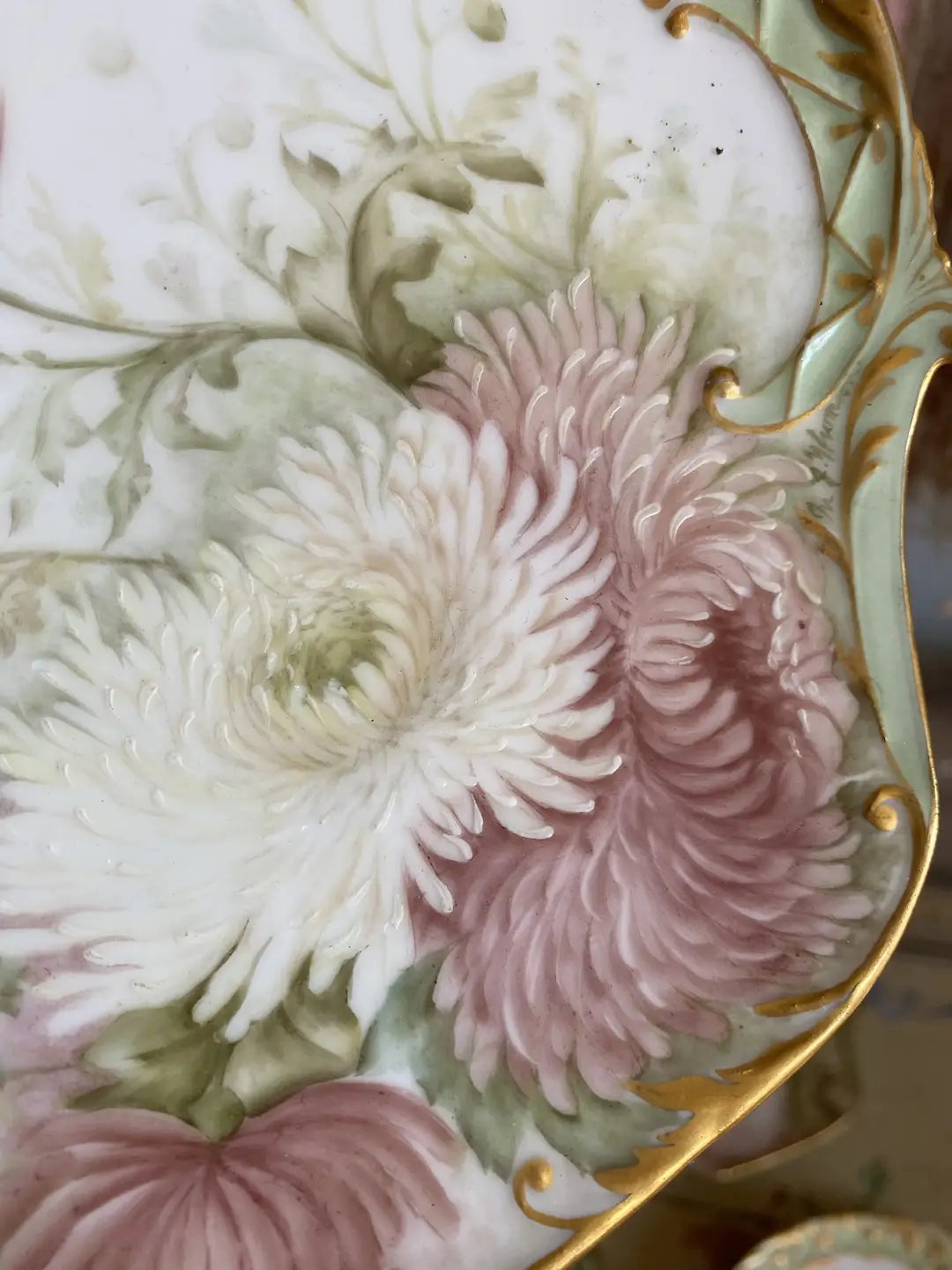 Antique Limoges 5pc Shell Plates Pastel Flowers Gilt SIGNED 1894