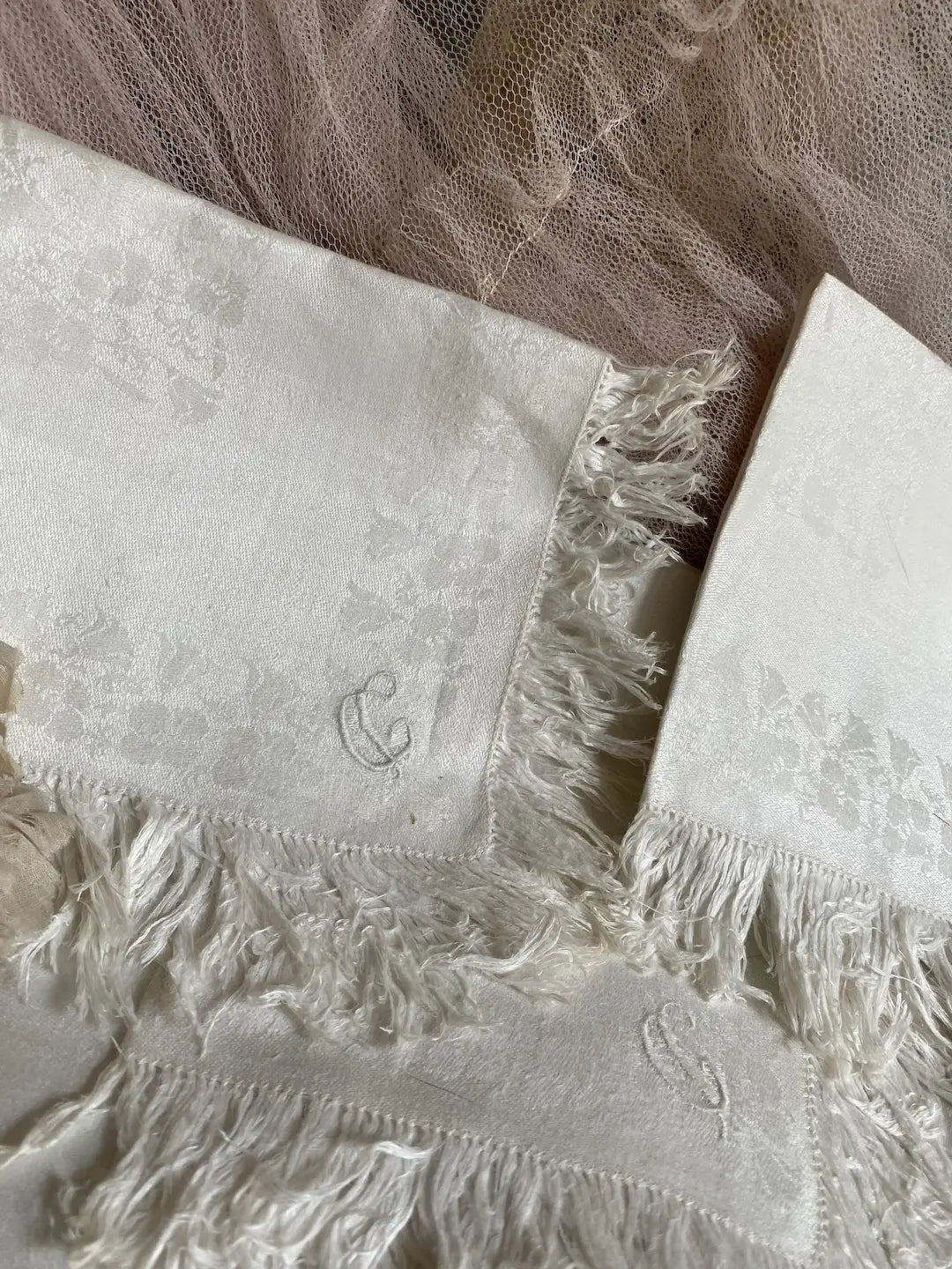 12 Antique Linen Floral Damask Napkins Monogram C or G