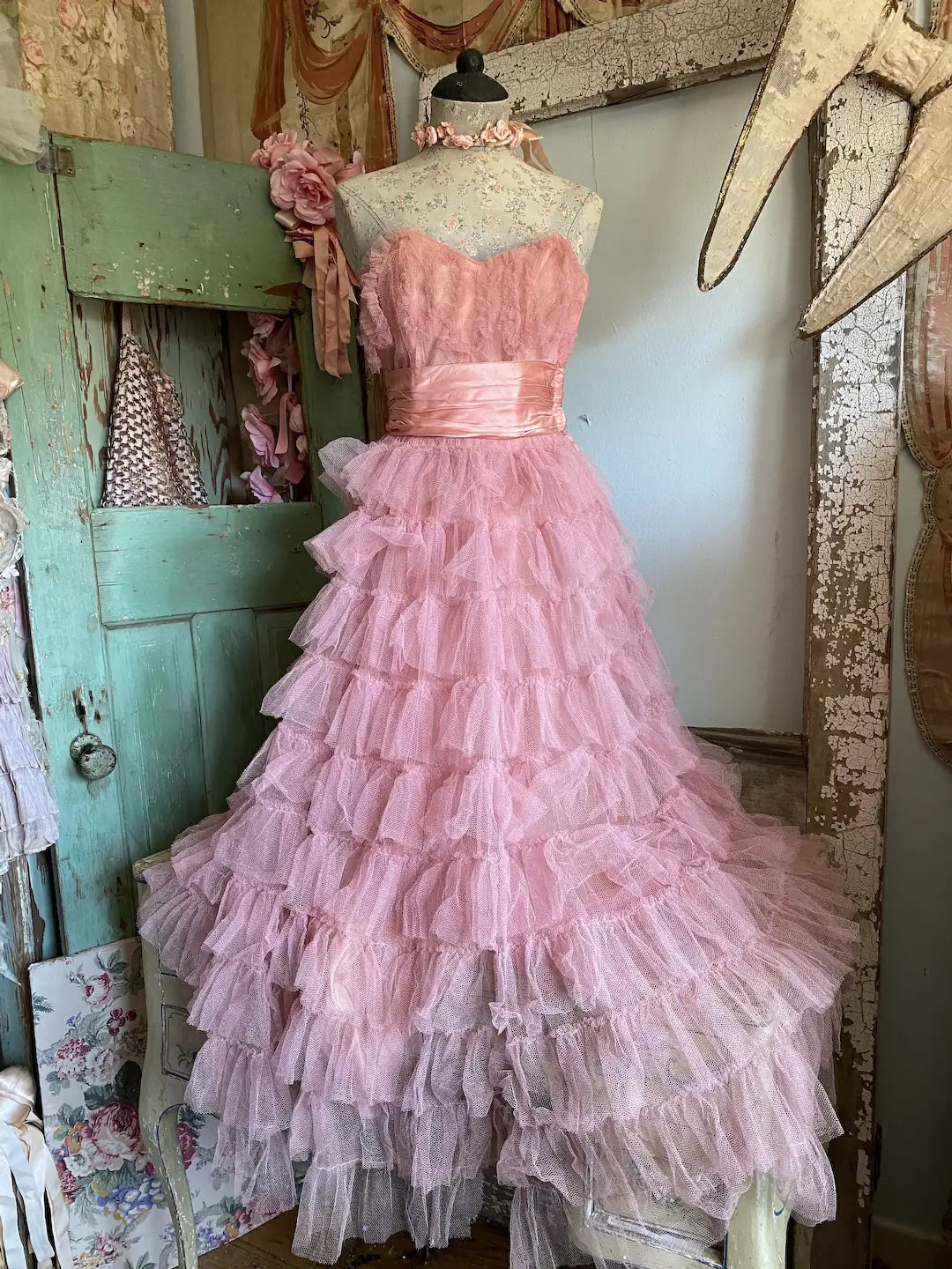 Vintage  Coral Pink Dress Shabby Chic Tiered Ruffles Tulle Lace