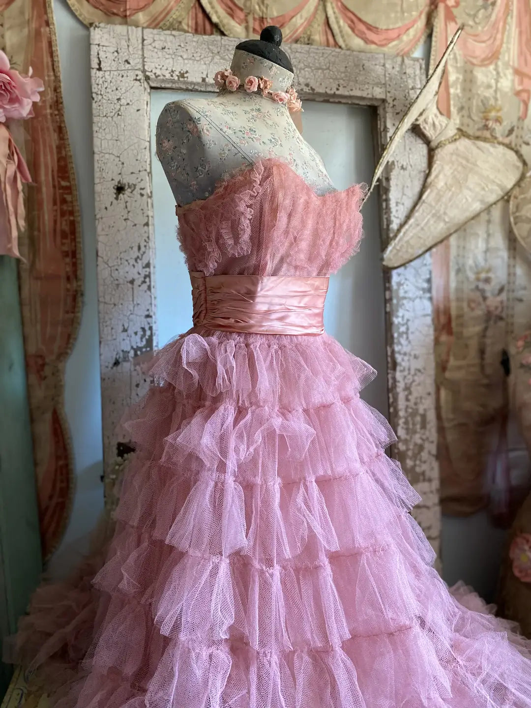 Vintage  Coral Pink Dress Shabby Chic Tiered Ruffles Tulle Lace