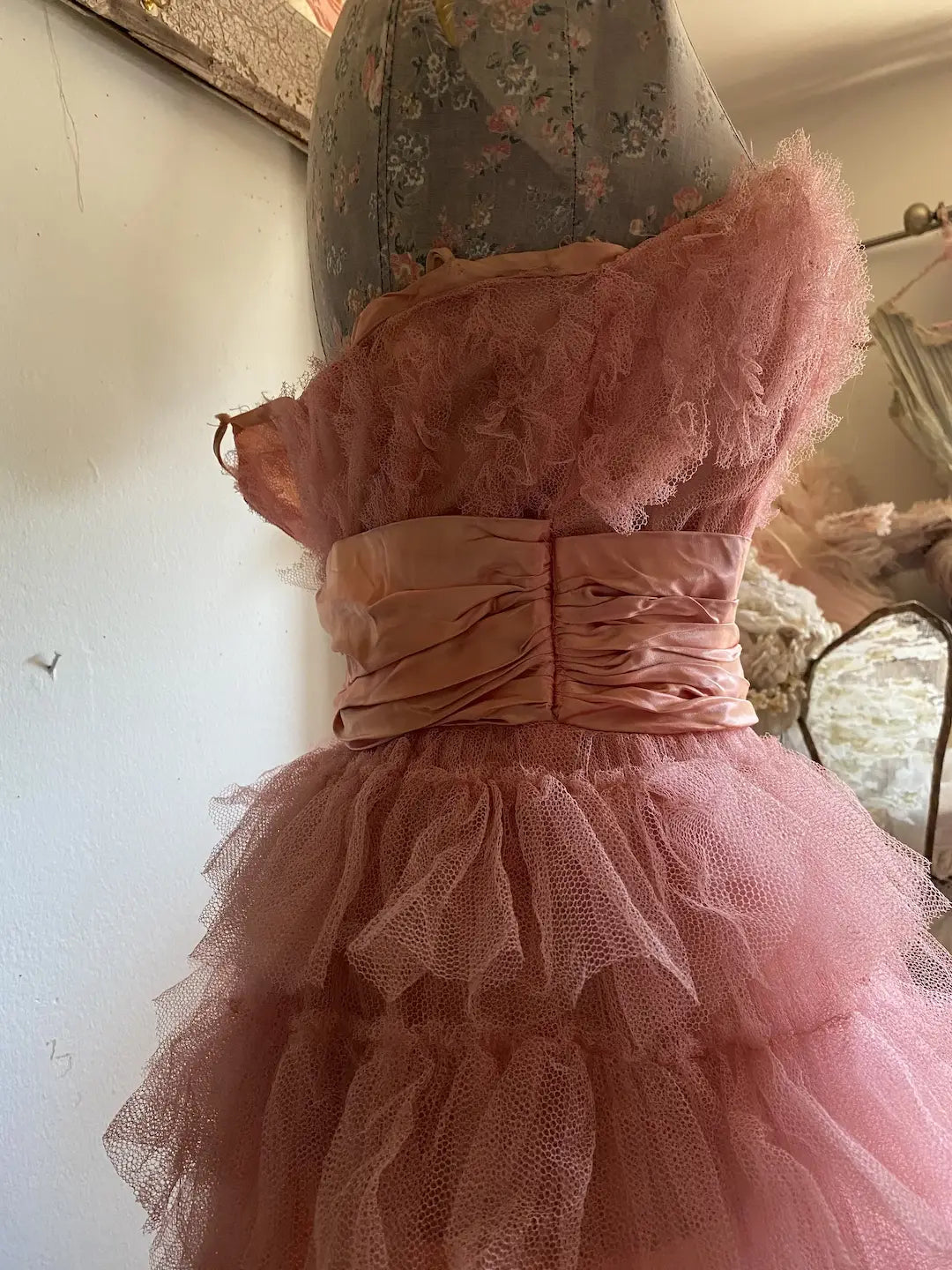 Vintage  Coral Pink Dress Shabby Chic Tiered Ruffles Tulle Lace