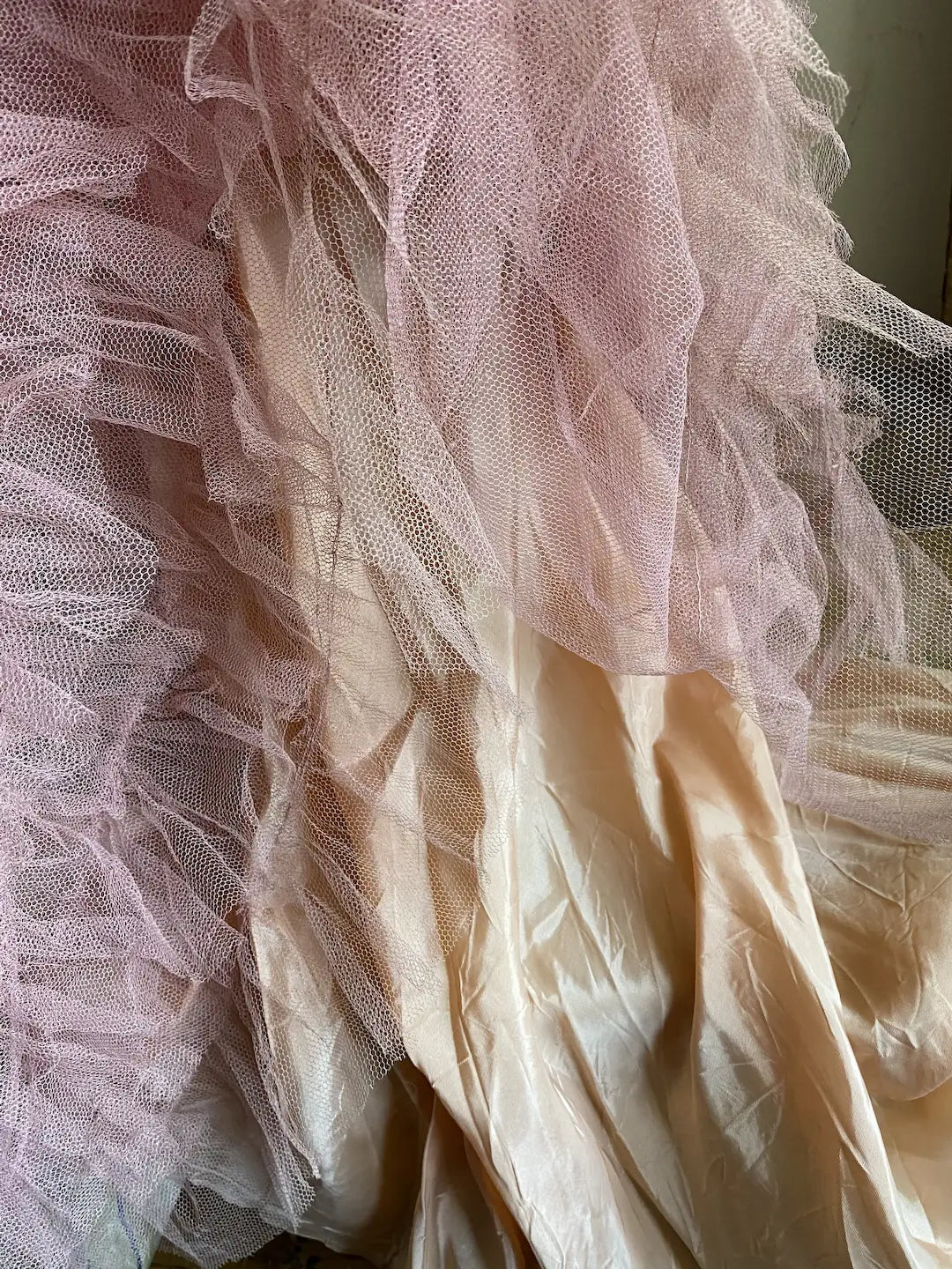 Vintage  Coral Pink Dress Shabby Chic Tiered Ruffles Tulle Lace