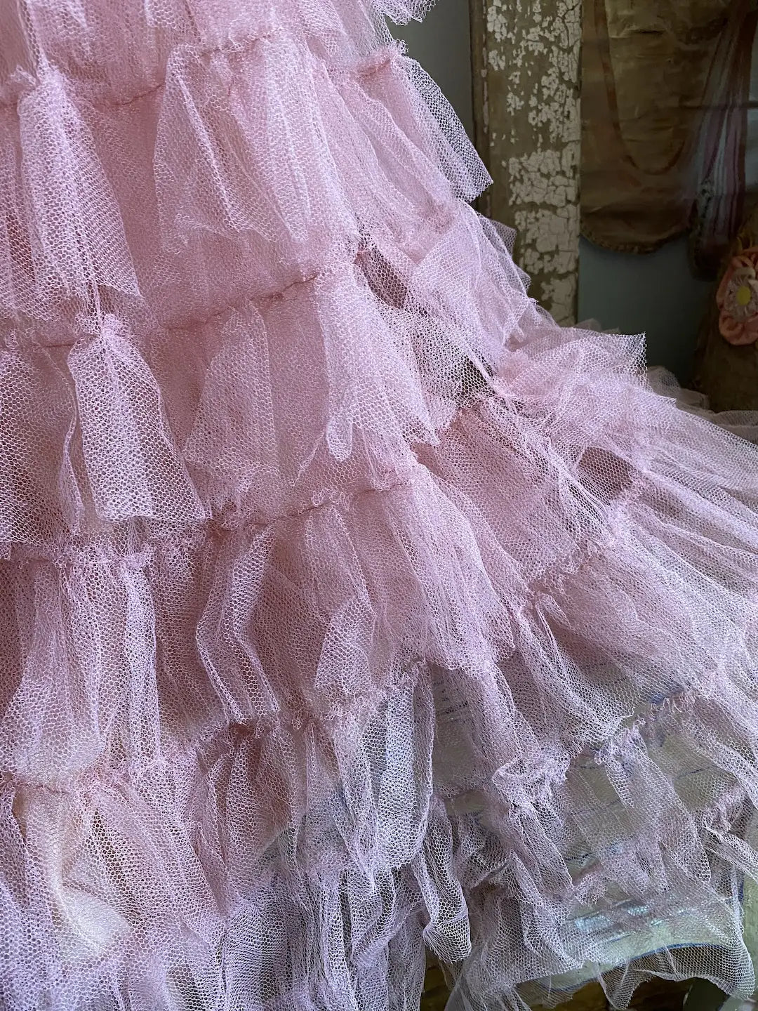 Vintage  Coral Pink Dress Shabby Chic Tiered Ruffles Tulle Lace