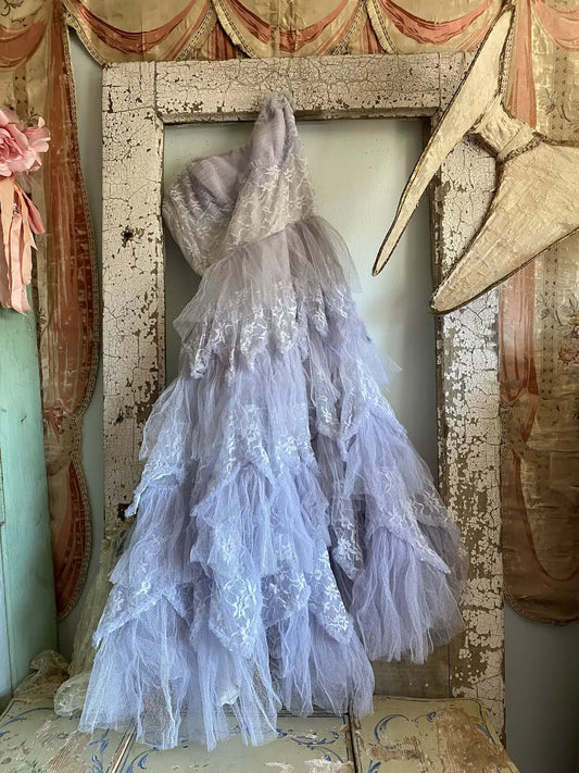 Vintage Pastel Blue Dress Shabby Chic Tiered Ruffles Tulle Lace