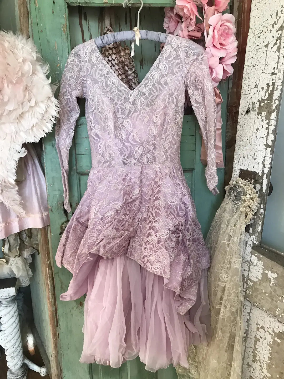 Vintage Lilac Pink Lace Prom Dress