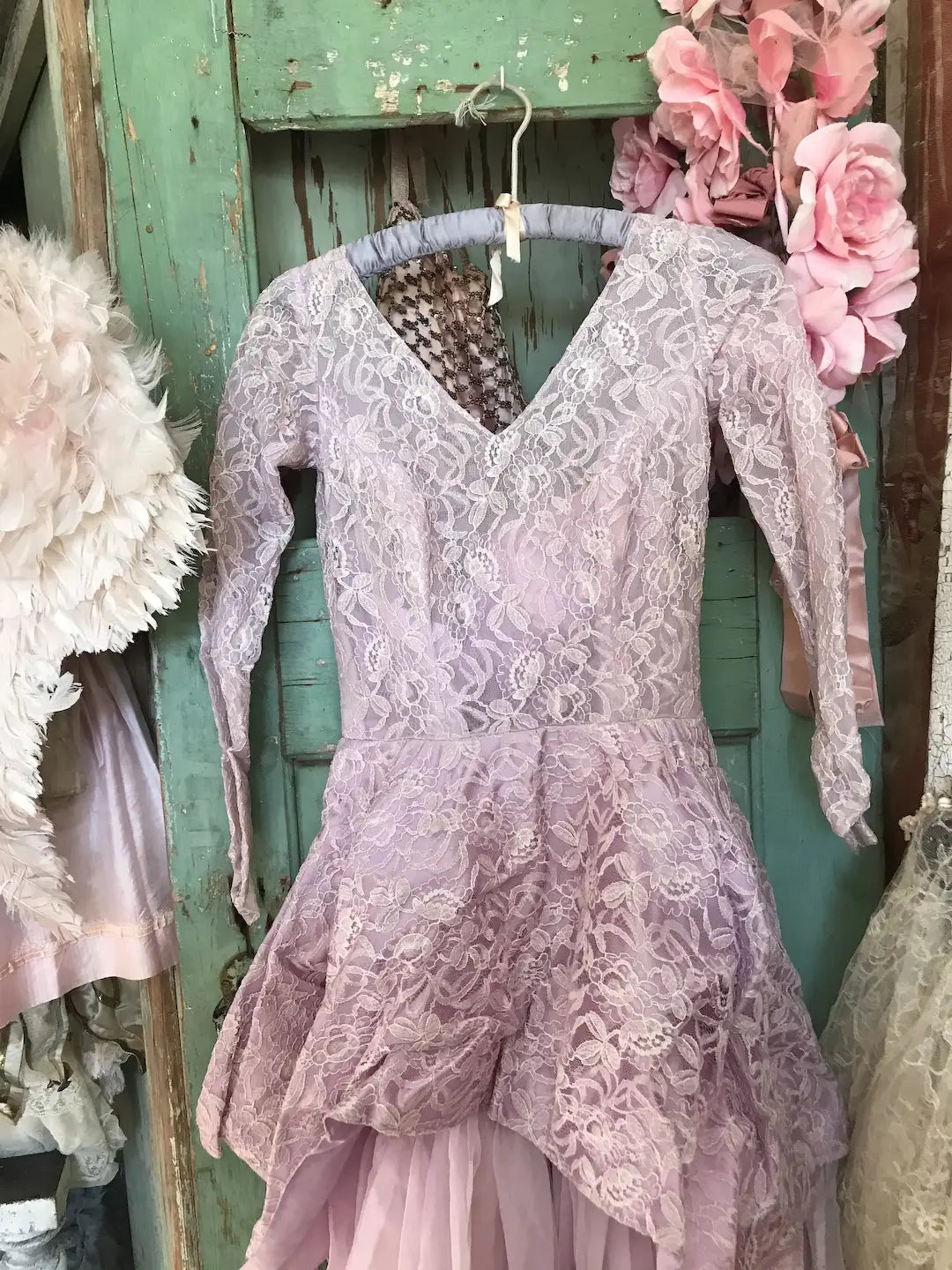Vintage Lilac Pink Lace Prom Dress