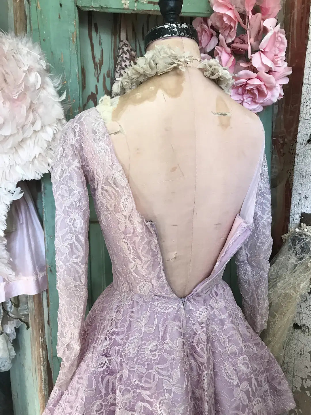 Vintage Lilac Pink Lace Prom Dress