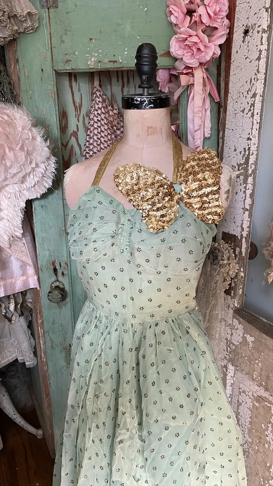 Vintage Ballet Dance Costume Dress Mint Green Sequin Butterfly Lame Halter