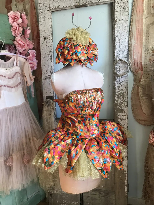 Vintage Ballet Showgirl Costume Rainbow Lamé Tutu Hat