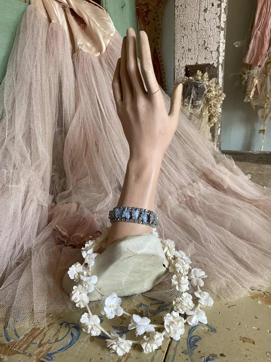 Vintage Blue Rhinestone Bracelet Pearlized Stones