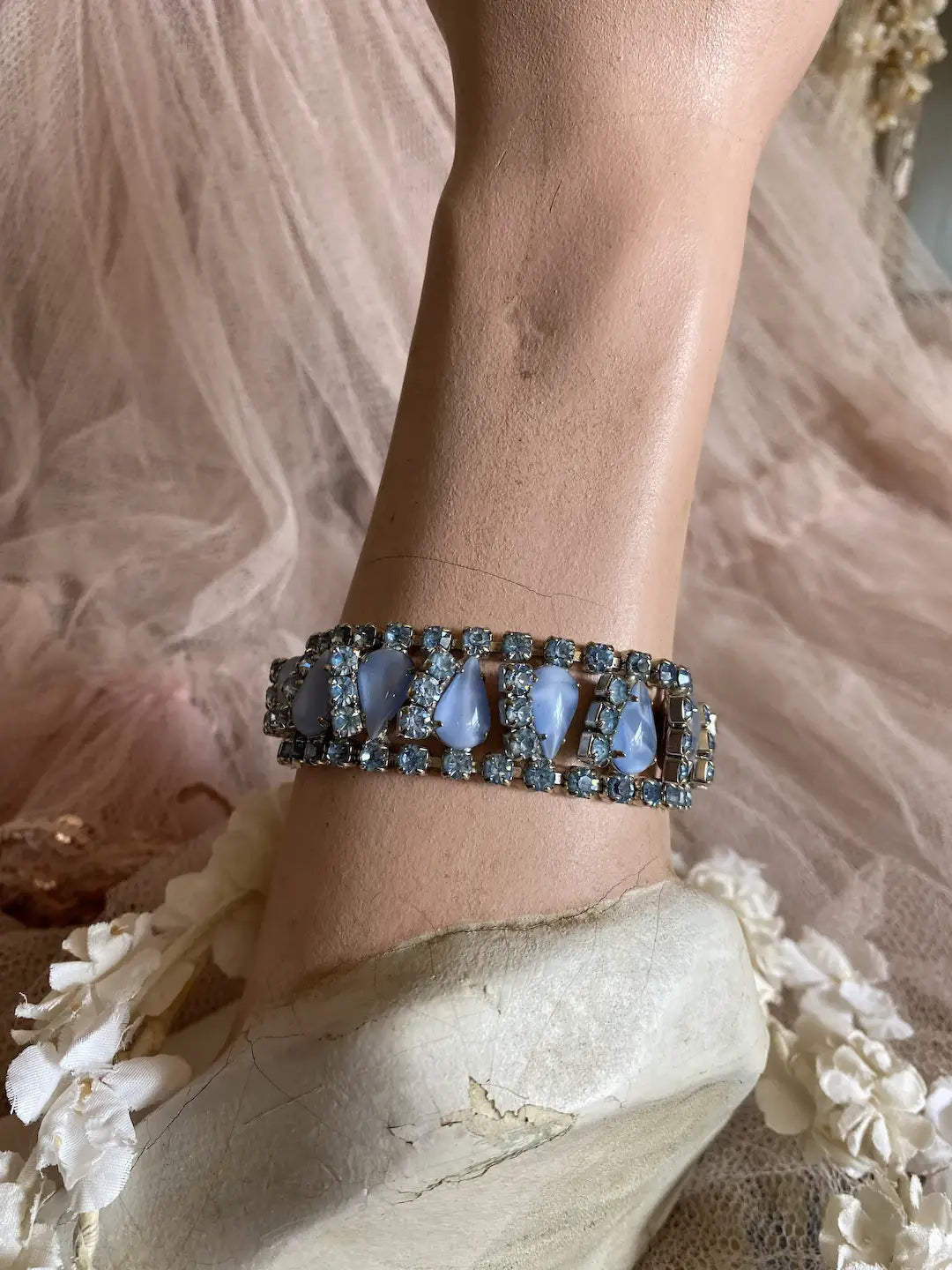 Vintage Blue Rhinestone Bracelet Pearlized Stones