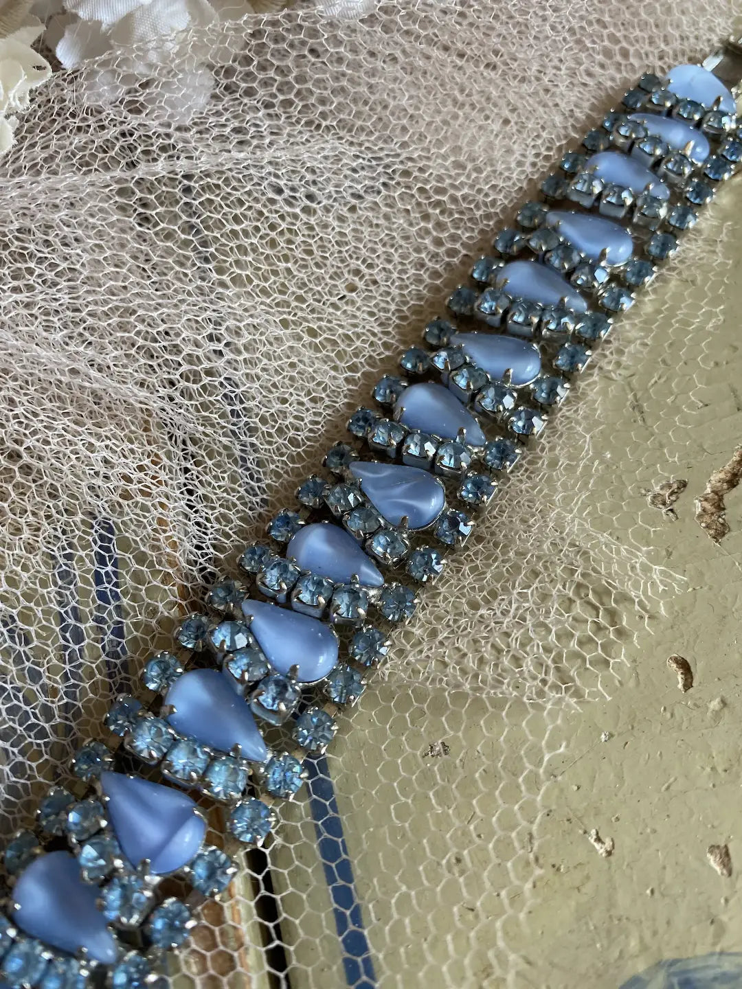 Vintage Blue Rhinestone Bracelet Pearlized Stones
