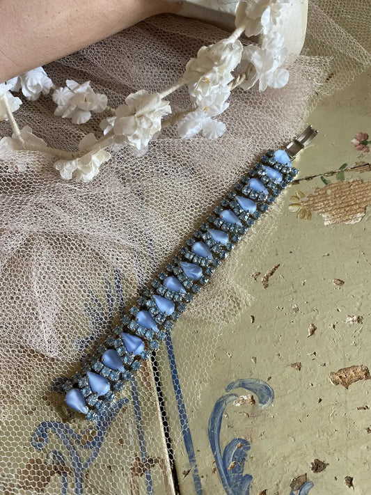 Vintage Blue Rhinestone Bracelet Pearlized Stones