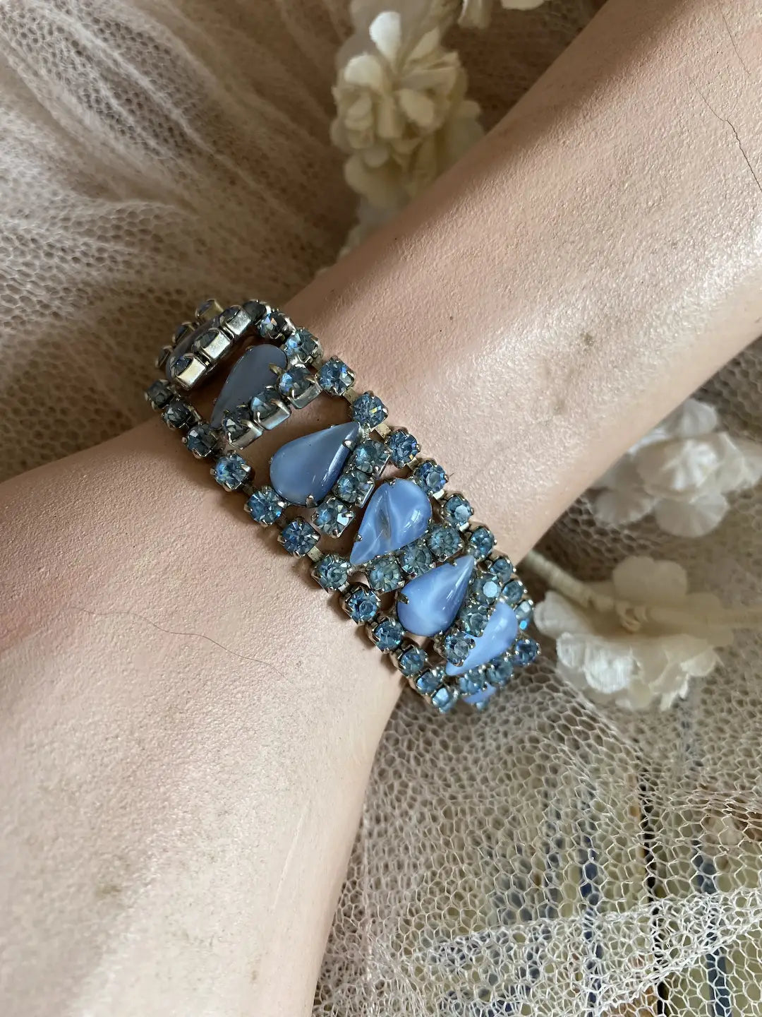 Vintage Blue Rhinestone Bracelet Pearlized Stones