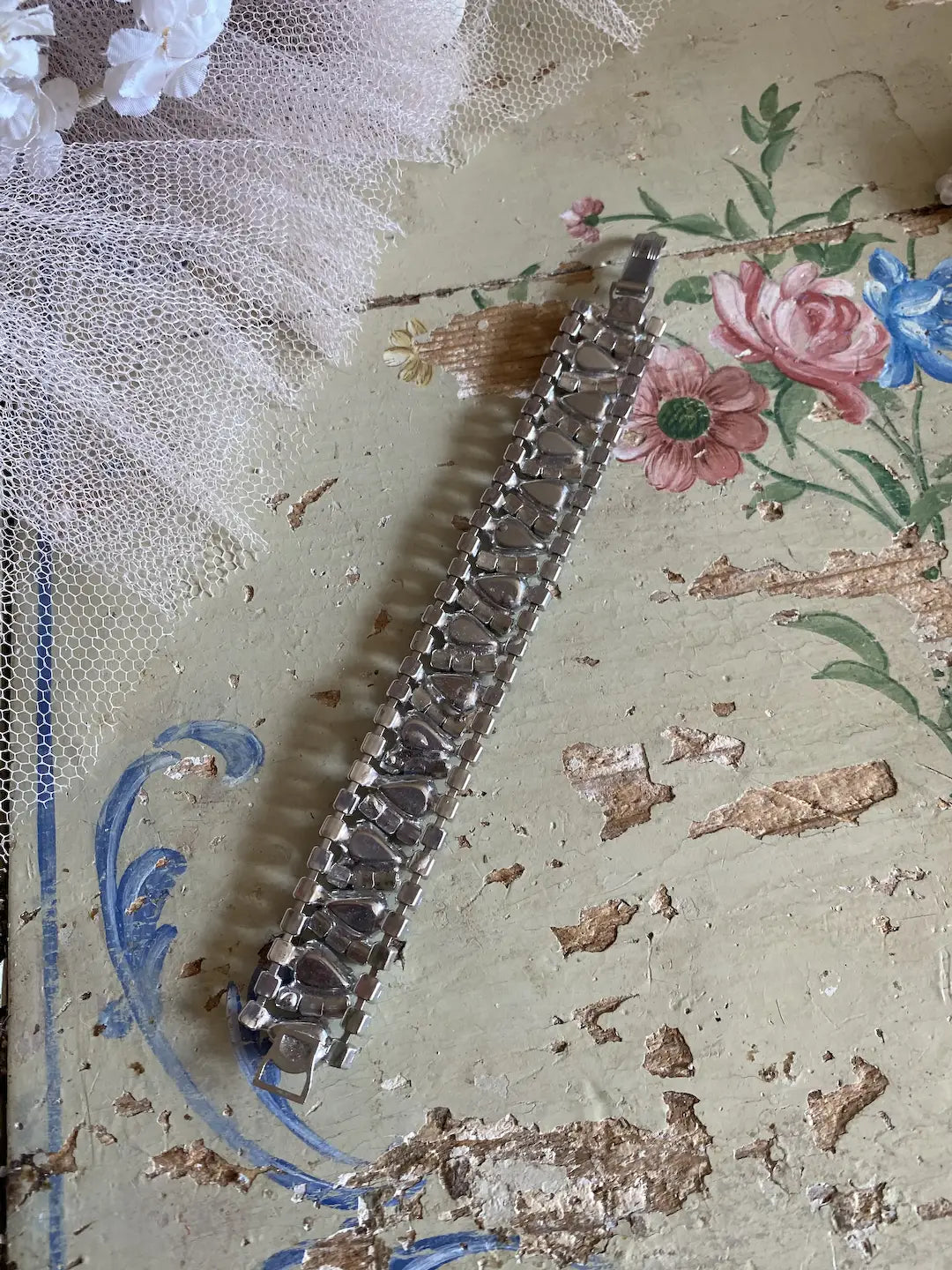 Vintage Blue Rhinestone Bracelet Pearlized Stones
