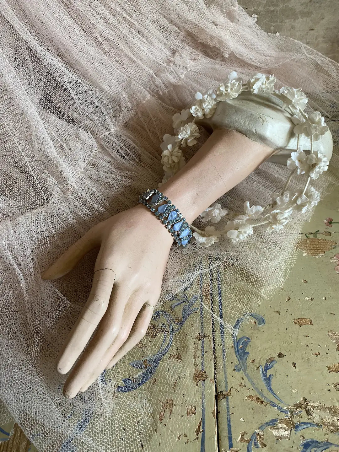 Vintage Blue Rhinestone Bracelet Pearlized Stones