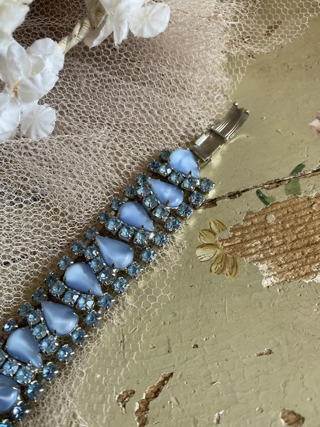Vintage Blue Rhinestone Bracelet Pearlized Stones