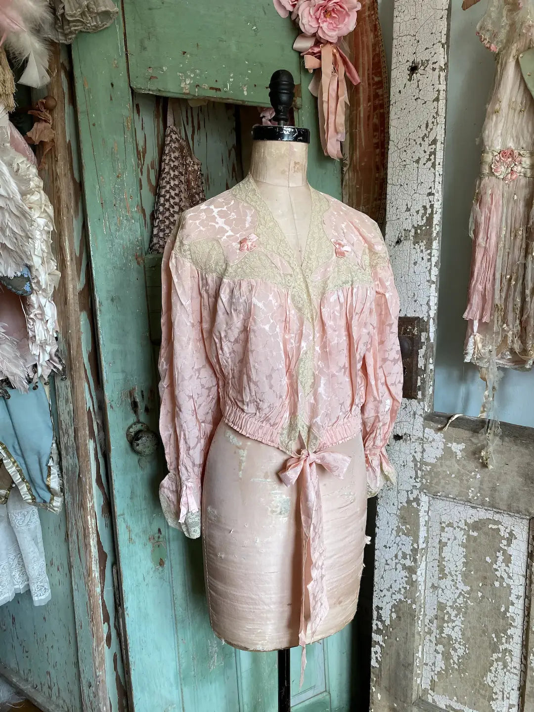 Vintage Boudoir Bed Jacket Pink Lace Ribbons