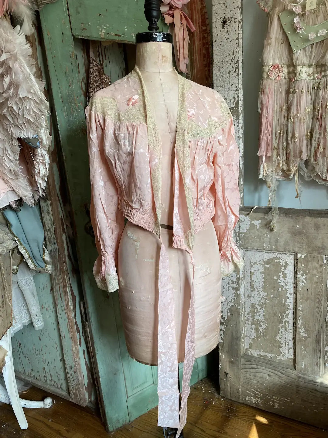 Vintage Boudoir Bed Jacket Pink Lace Ribbons