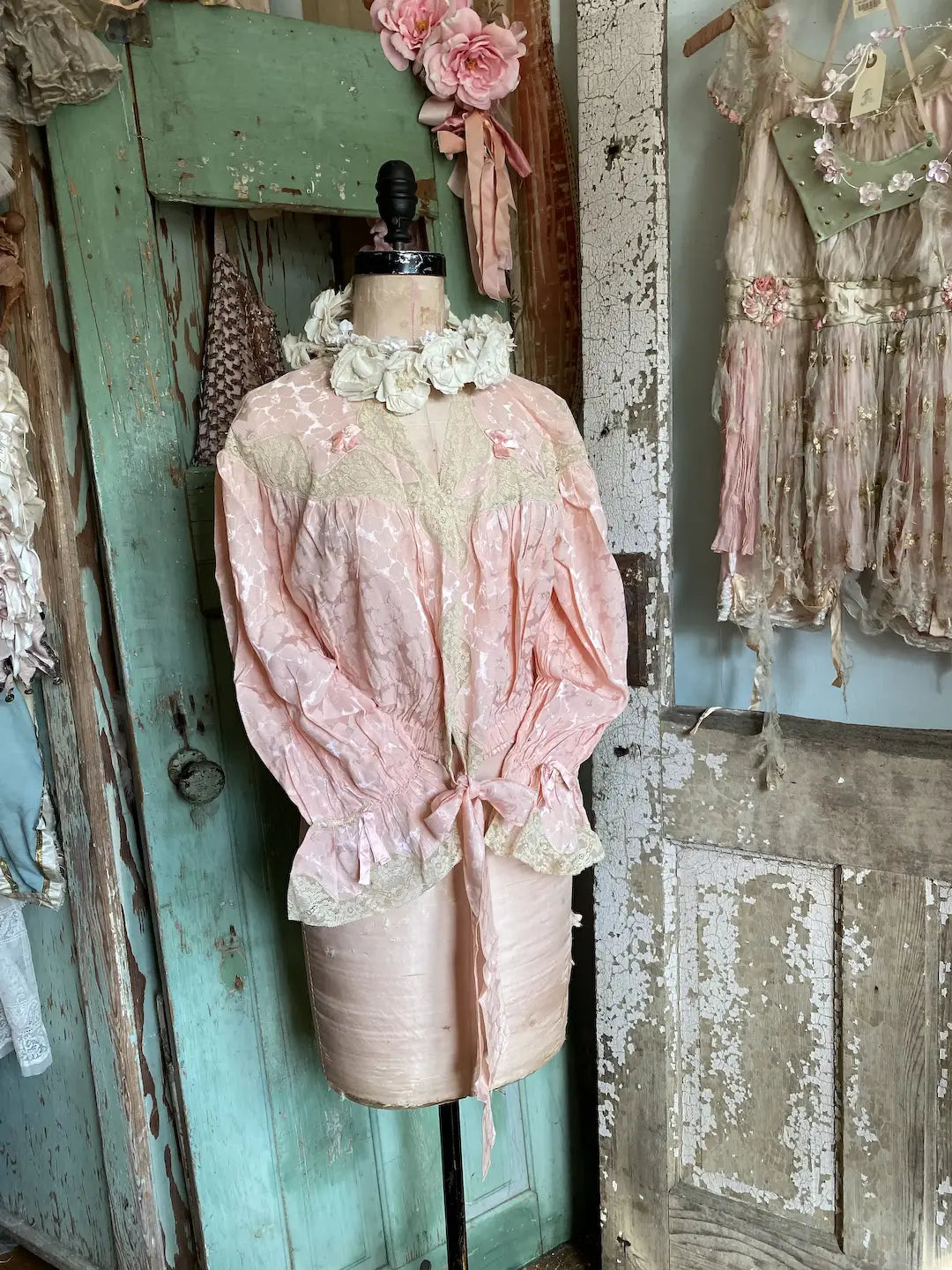 Vintage Boudoir Bed Jacket Pink Lace Ribbons