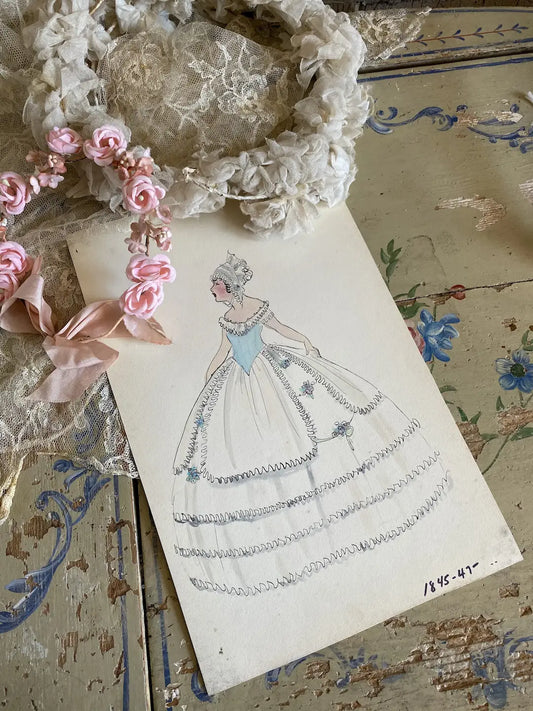 Vintage Costume Sketch c1920-30 Corset Bodice Millinery Flowers