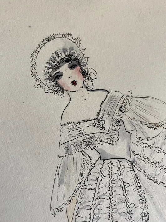 Vintage Costume Sketch c1920-30 Flapper Face in 1830s White Dress