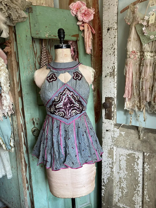 Vintage Burlesque Costume Pink Sequins Peek A Boo Chest