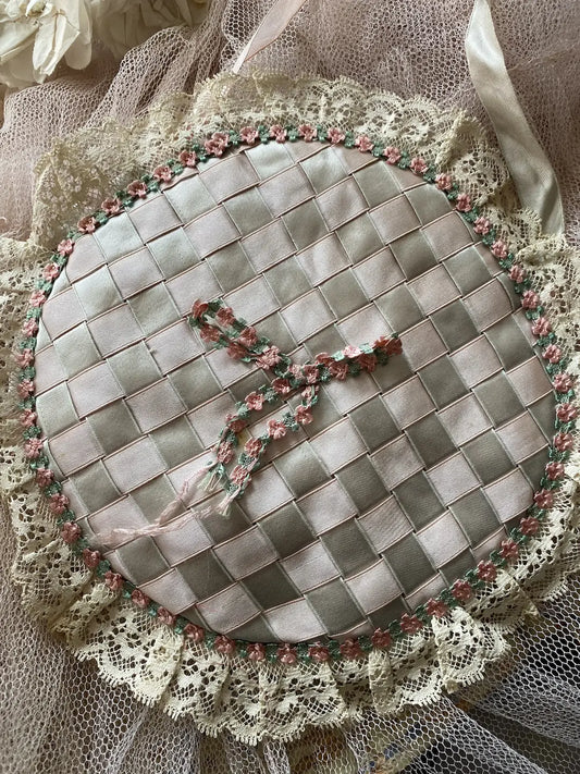 Vintage Delicates Holder Pouch Ribbonwork Pink Lace Trim