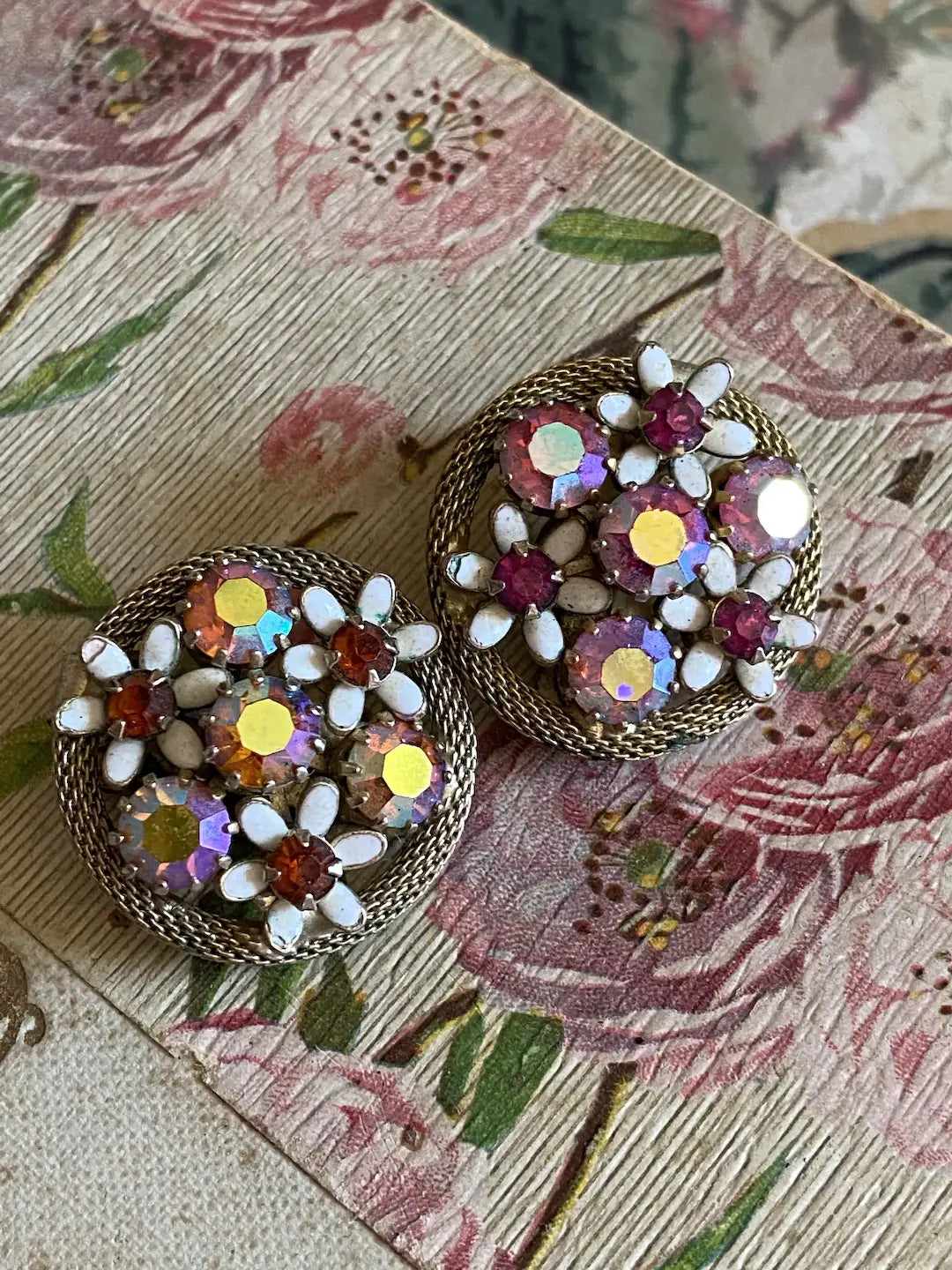 Vintage Earrings Clip On Aurora Borealis Pink Rhinestone