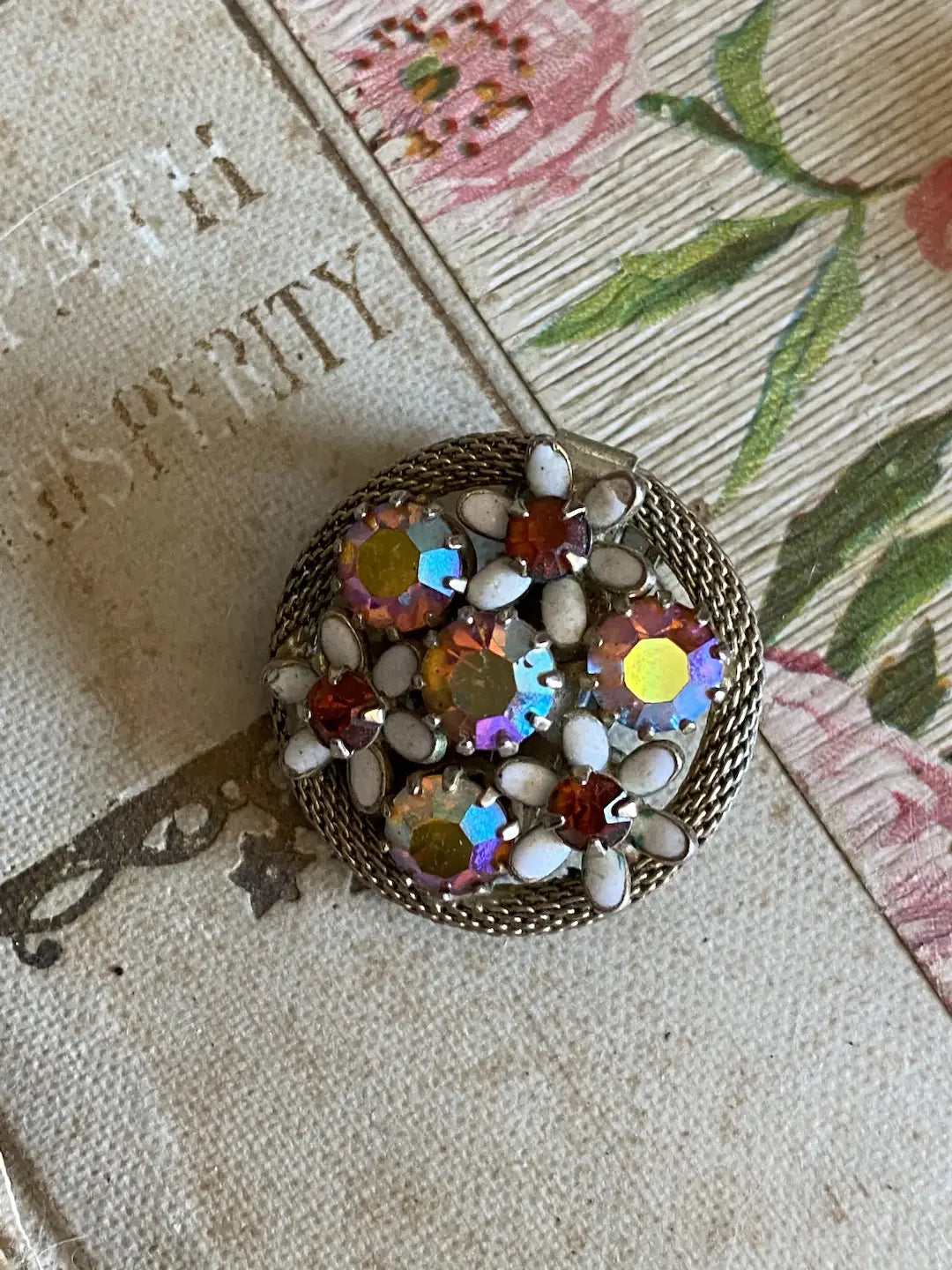 Vintage Earrings Clip On Aurora Borealis Pink Rhinestone