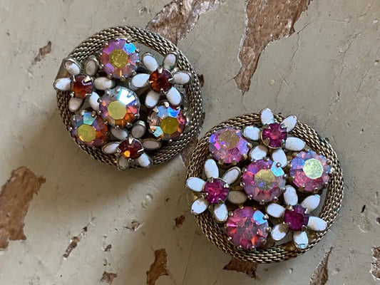 Vintage Earrings Clip On Aurora Borealis Pink Rhinestone