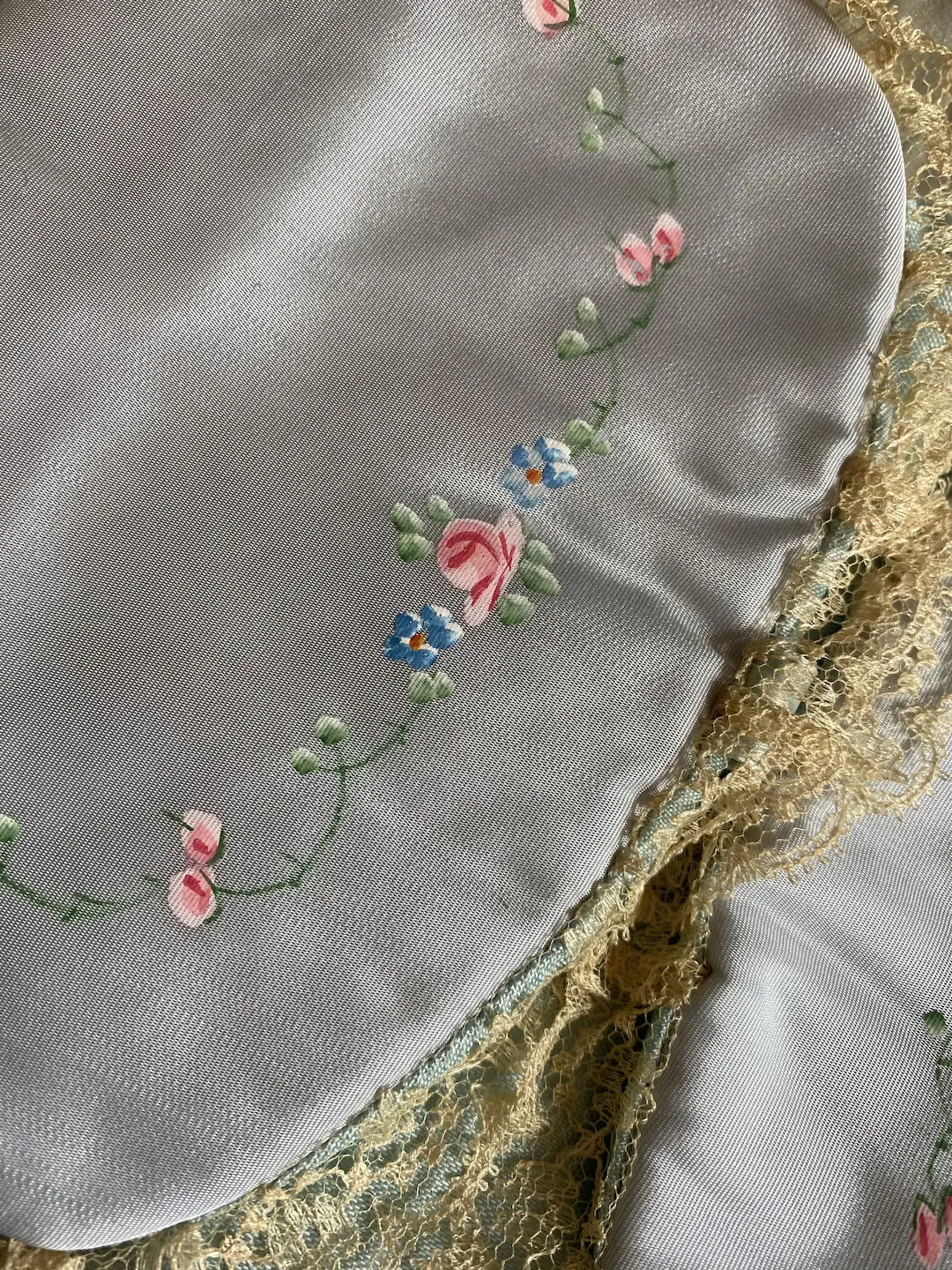 Vintage Hankie Holder Pale Blue Painted Lace Trim