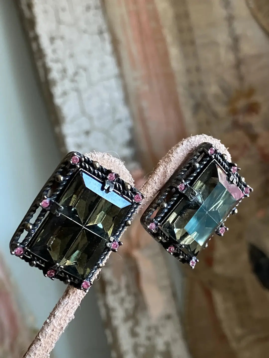 Vintage Baguette Glass Earrings Pink Rhinestones