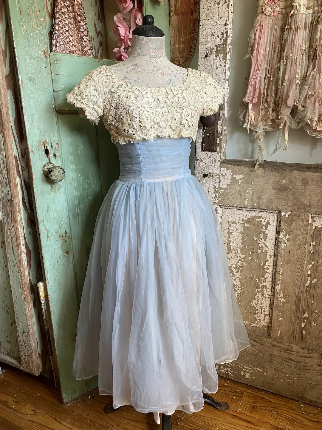 Vintage Blue Lace Prom Dress
