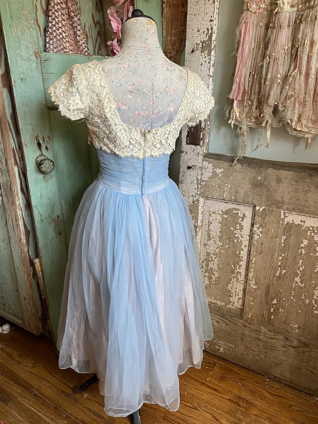 Vintage Blue Lace Prom Dress