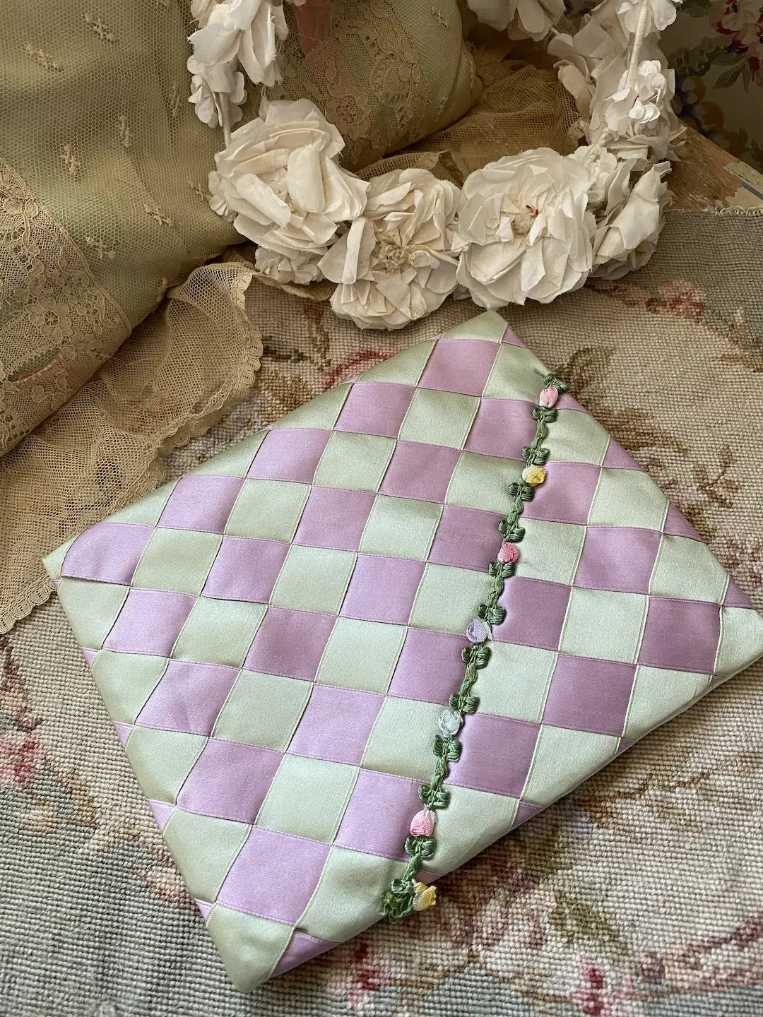Vintage Lavender Ribbonwork Hankie Delicates Holder