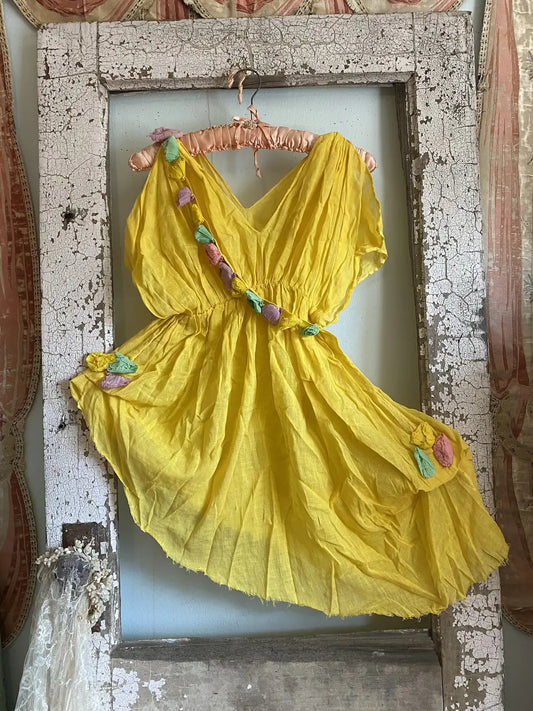 Vintage Yellow Dress Theater Costume Crepe Paper Flowers Sash