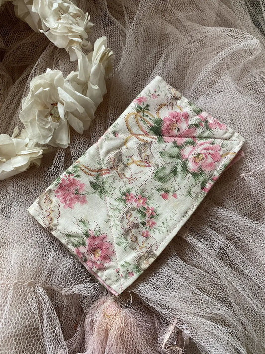 Vintage French Fabric Hankie Holder Pink Rose Floral
