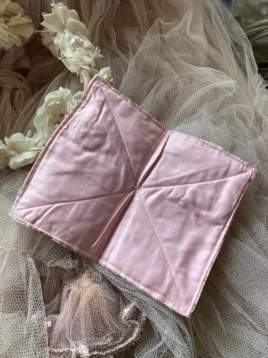 Vintage French Fabric Hankie Holder Pink Rose Floral