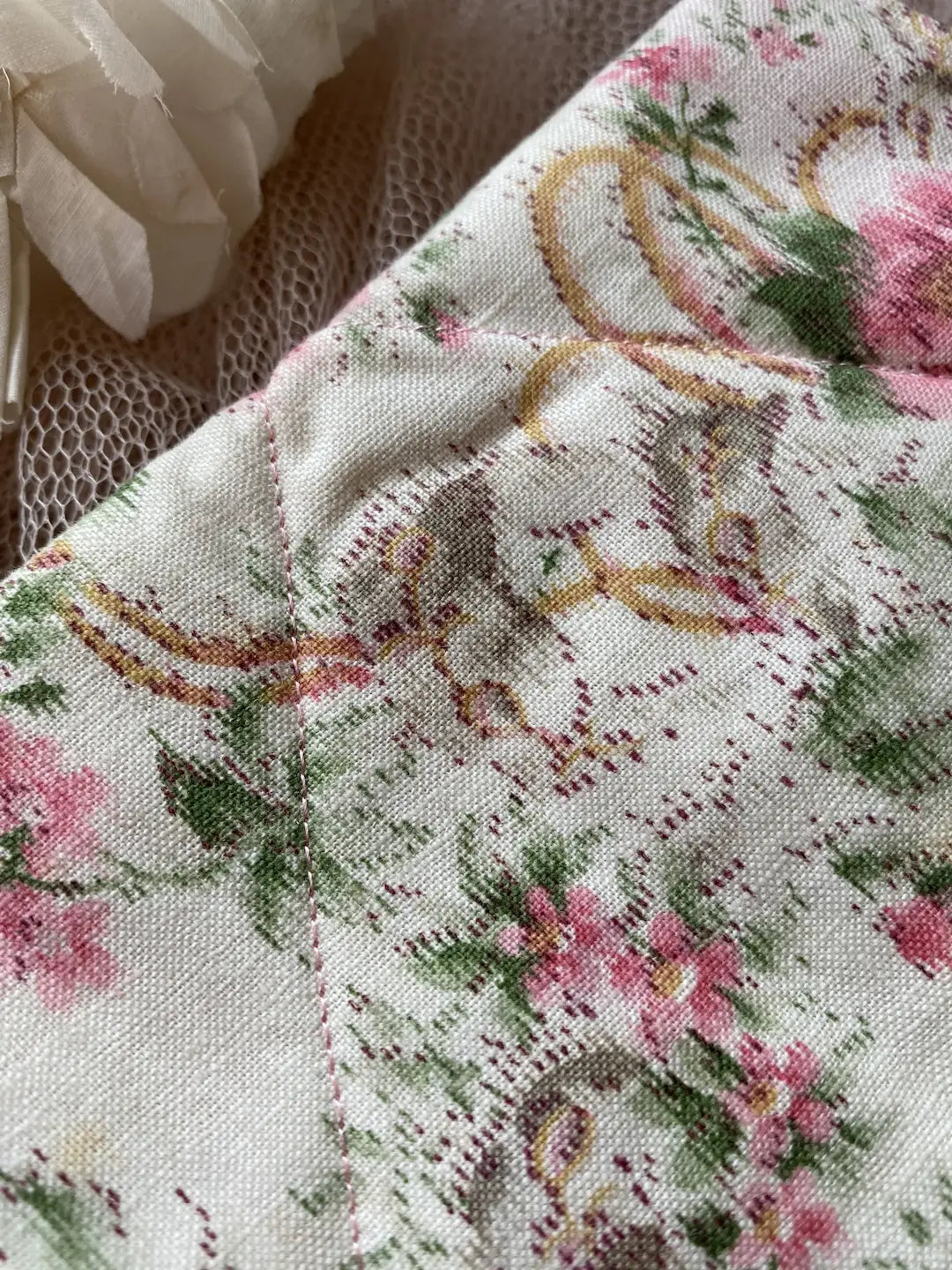 Vintage French Fabric Hankie Holder Pink Rose Floral