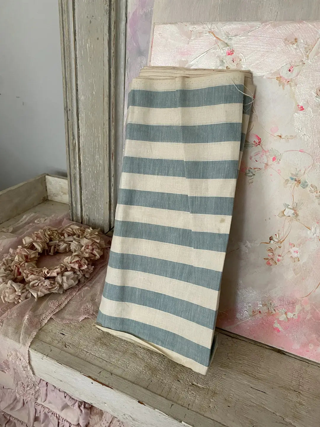 Bolt Vintage Linen Blue White Cabana Stripe Fabric