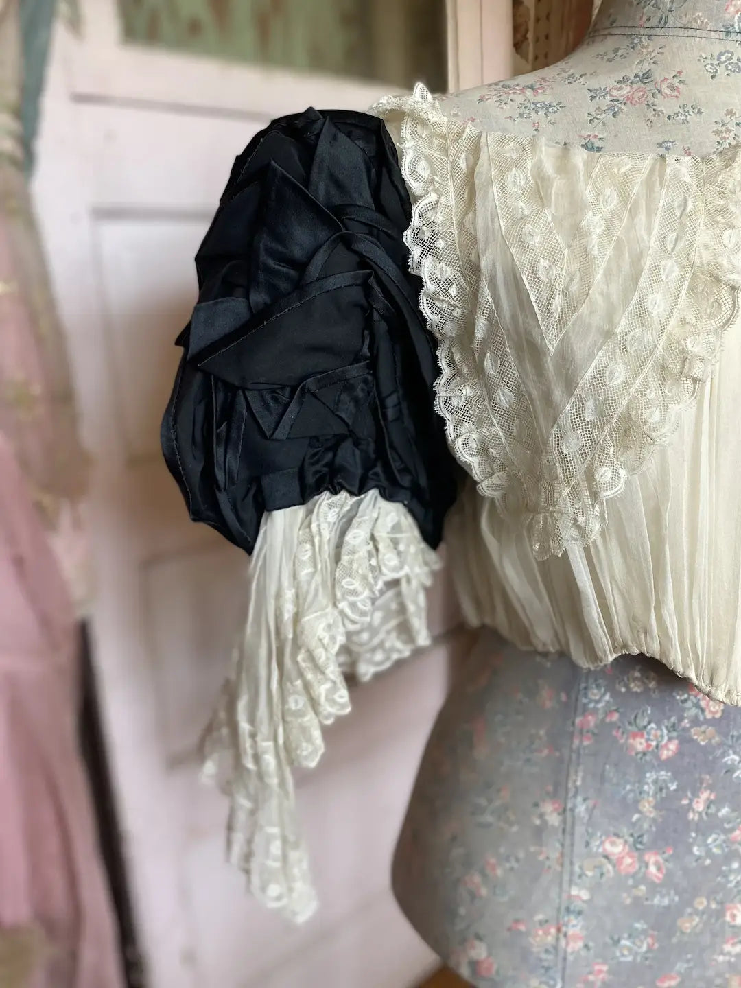 Antique Bodice Black Ruffled Layered Sleeves Lace