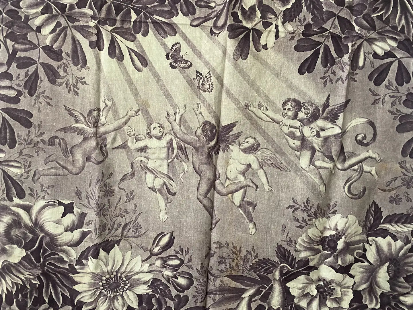 Antique French Fabric Panel Angel Cherub Toile