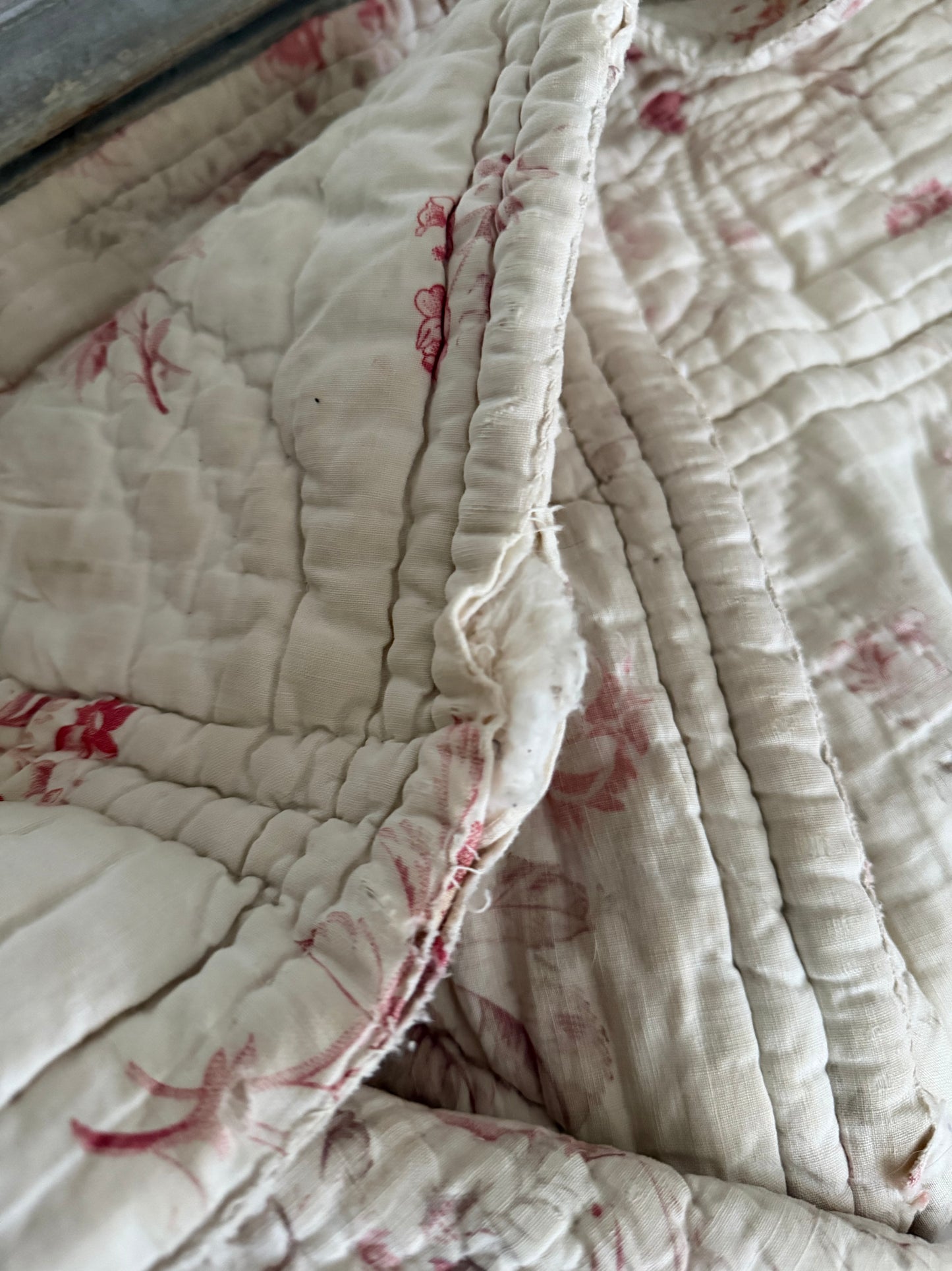 Antique French Boutis Quilt Soft Pink Roses Florals