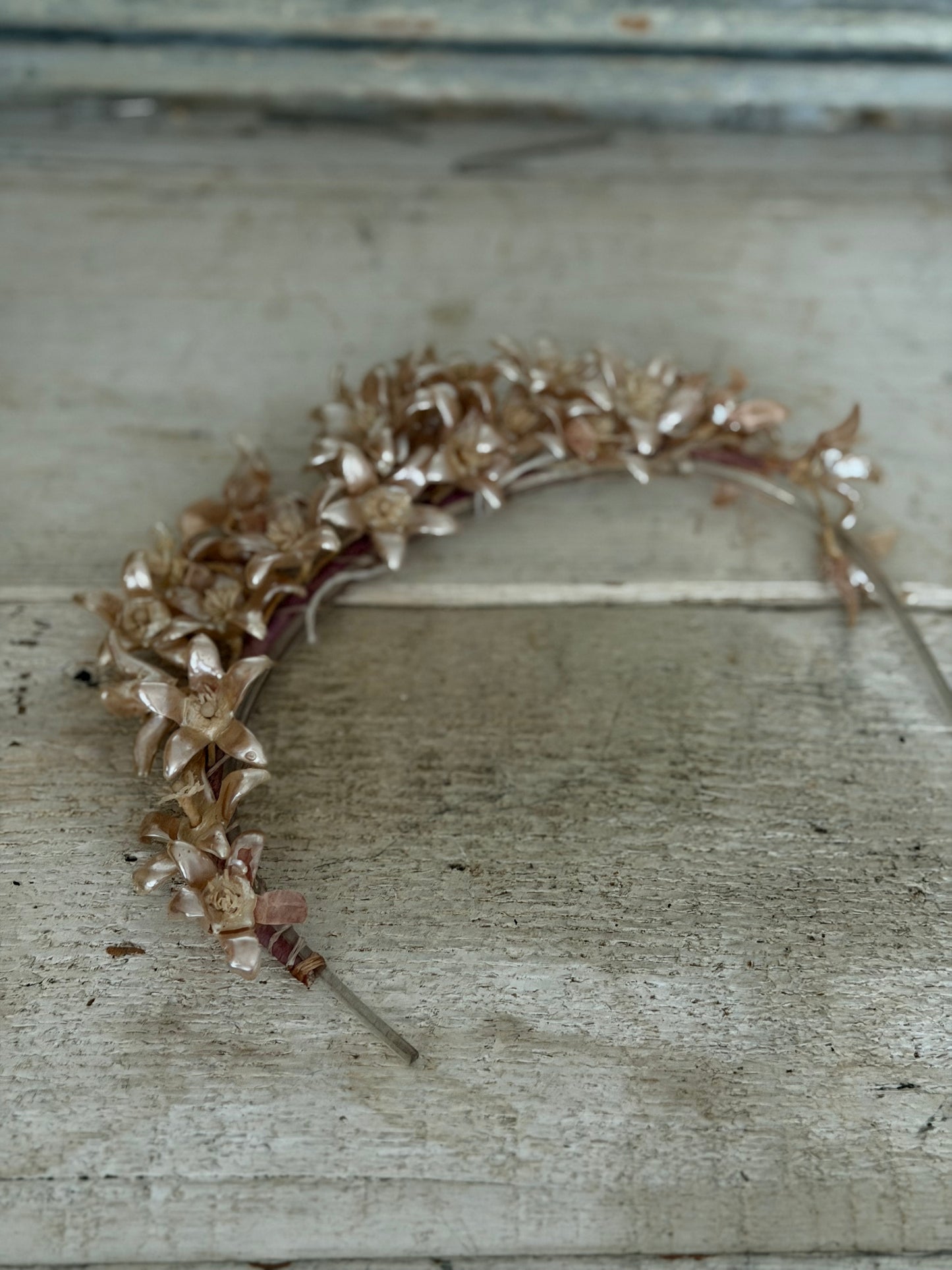 Antique French Pearlized Pink Champagne orange Blossom Flowers Crown