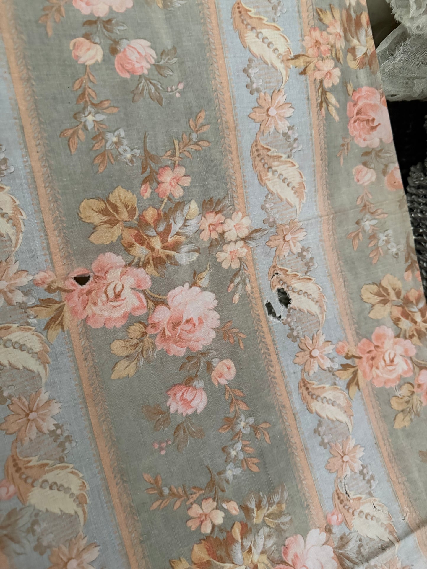 Antique French Fabric Dusty Blue Pink Roses