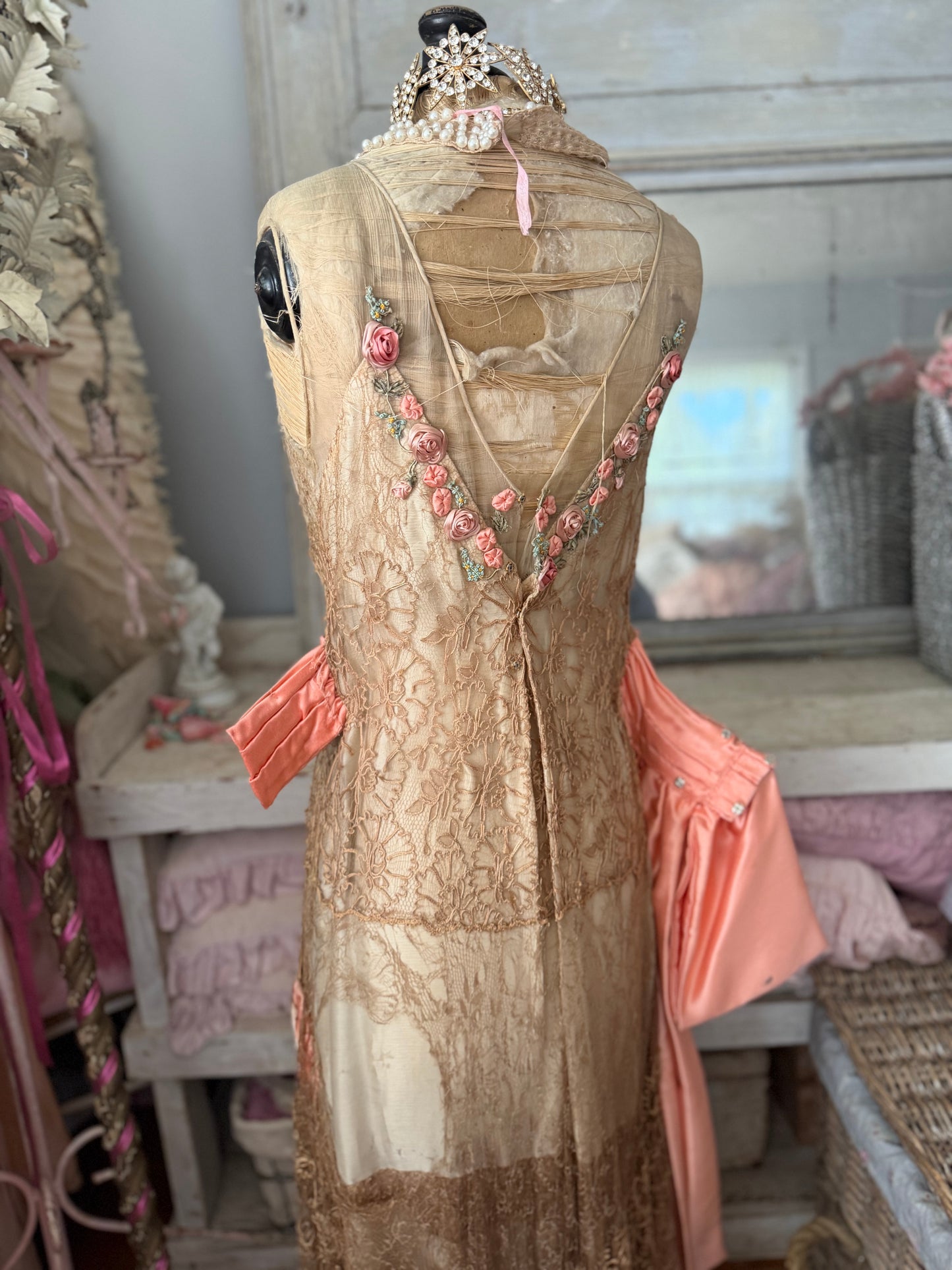 Antique Silk Corset Mannequin With Ribbonwork Lace Dress