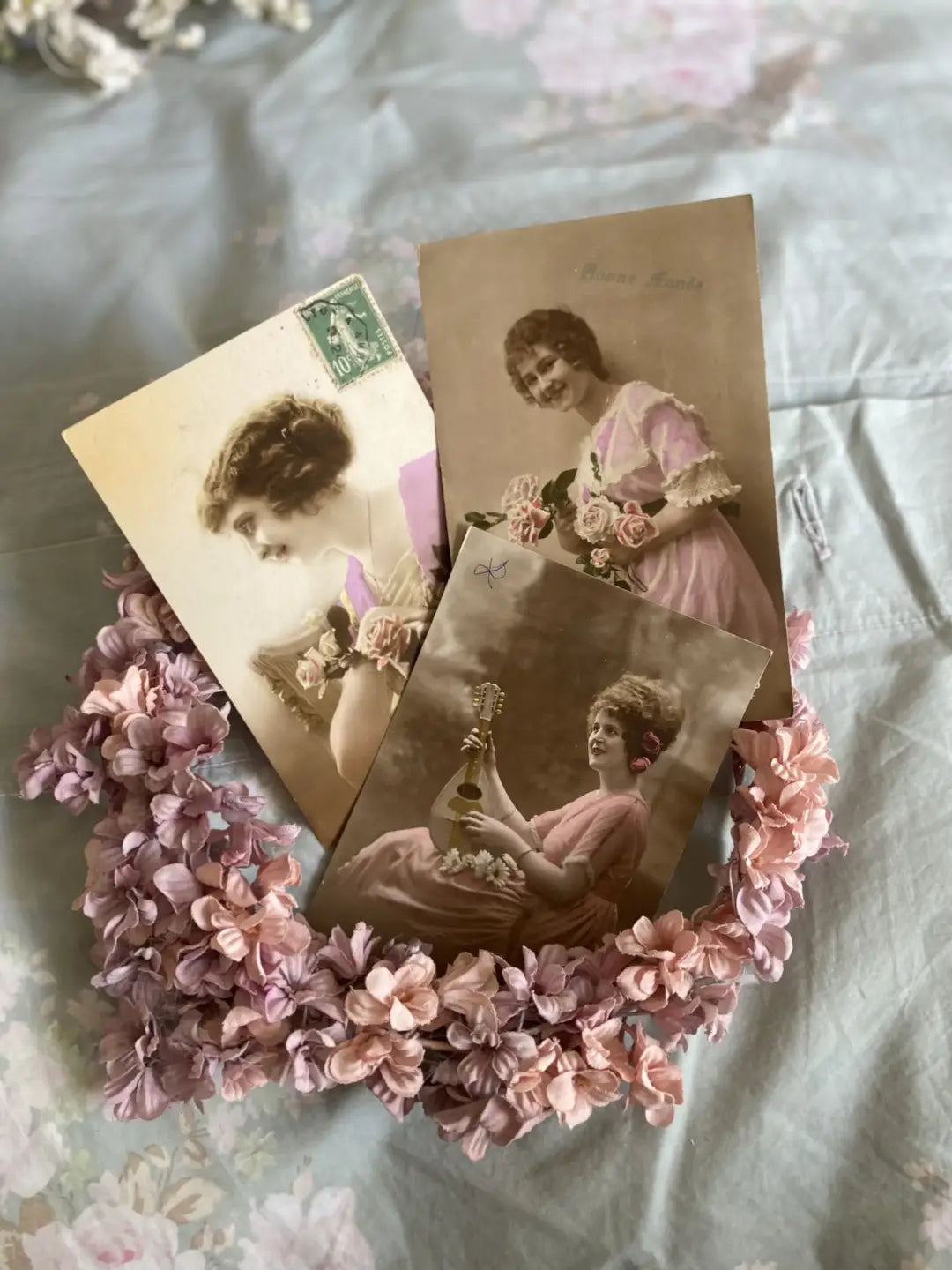 Collection 3 Antique French Postcards Women Pink Dress Roses