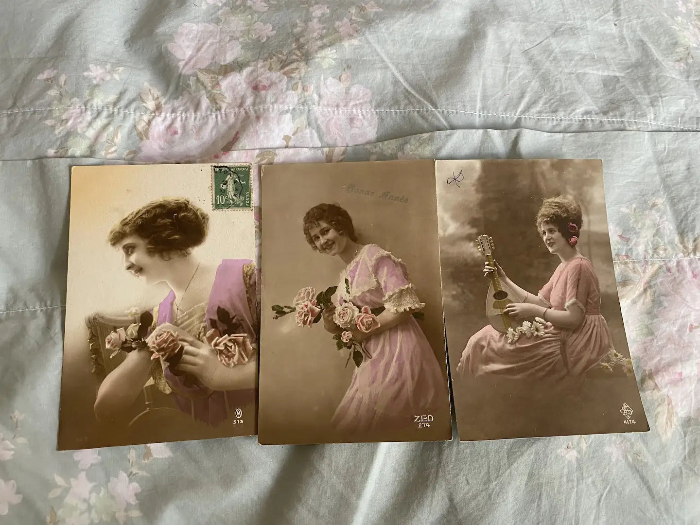 Collection 3 Antique French Postcards Women Pink Dress Roses